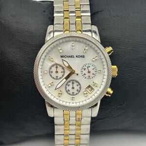 Michael Kors MK 5057 Women's Mother of Pearl Dial Two-Tone Watch New Battery